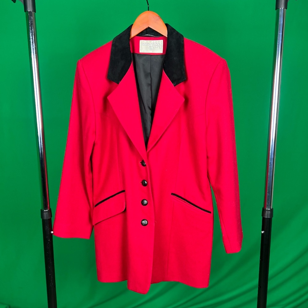Red Blazer w/ Black Velvet Collar & Elbow Pads ~ Vintage - 80s